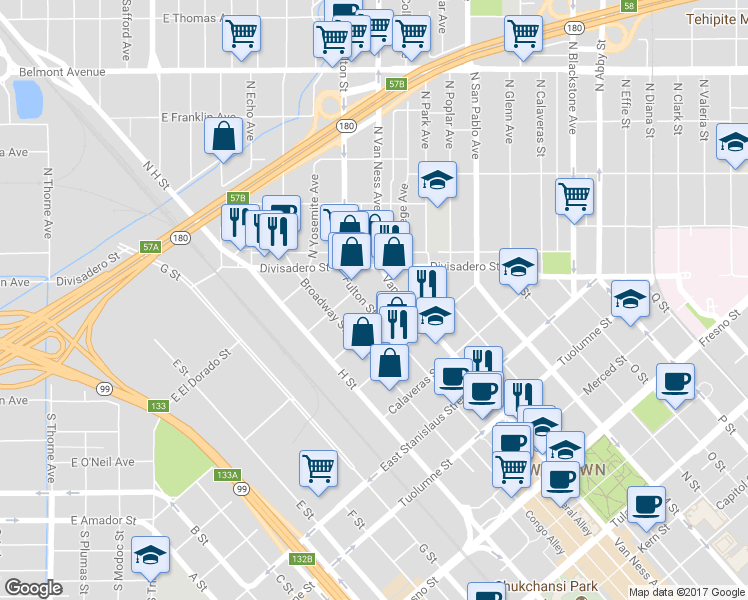 map of restaurants, bars, coffee shops, grocery stores, and more near in Fresno