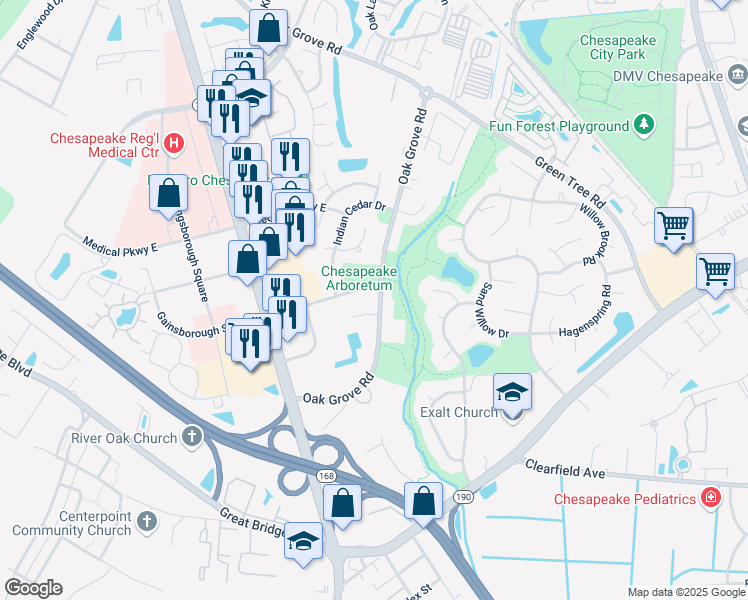 map of restaurants, bars, coffee shops, grocery stores, and more near 221 Gainsborough Square East in Chesapeake