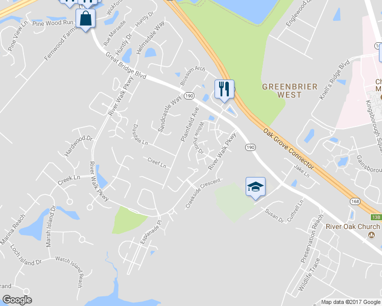 map of restaurants, bars, coffee shops, grocery stores, and more near 1018 Primrose Lane in Chesapeake