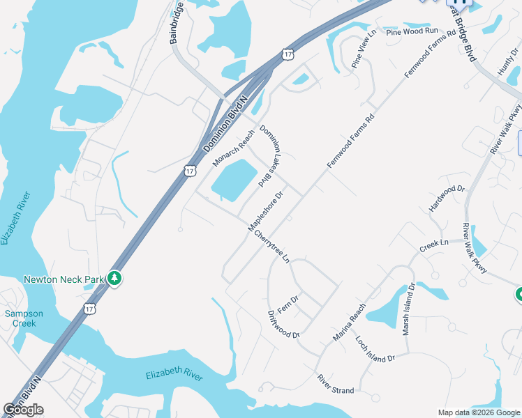 map of restaurants, bars, coffee shops, grocery stores, and more near 416 Mapleshore Drive in Chesapeake
