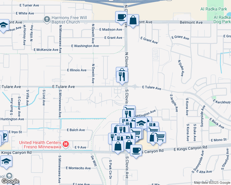 map of restaurants, bars, coffee shops, grocery stores, and more near 36 South Rogers Lane in Fresno