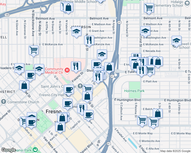 map of restaurants, bars, coffee shops, grocery stores, and more near 1039 U Street in Fresno
