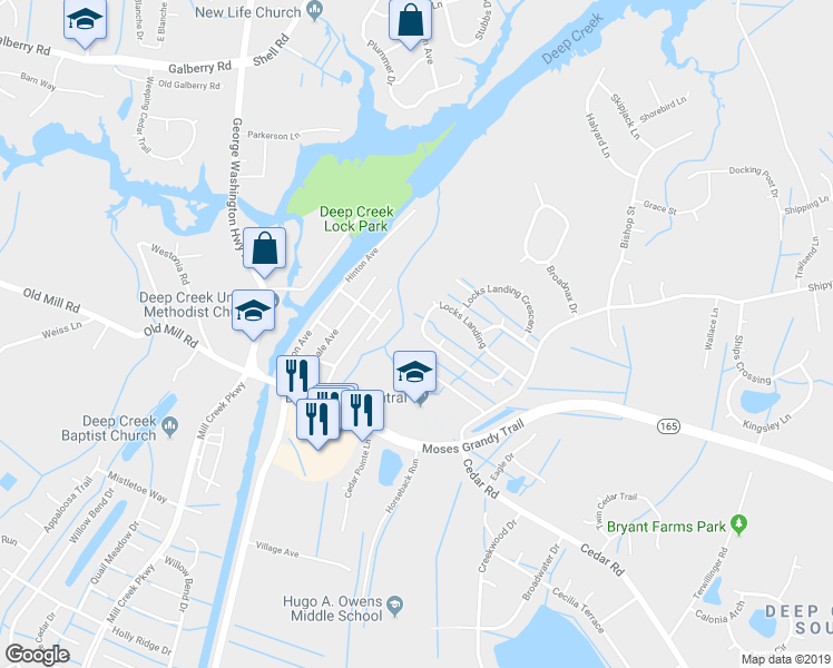 map of restaurants, bars, coffee shops, grocery stores, and more near 2453 Locks Landing in Chesapeake