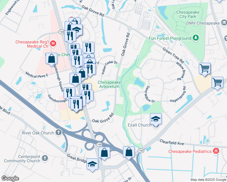 map of restaurants, bars, coffee shops, grocery stores, and more near 221 Gainsborough Square East in Chesapeake