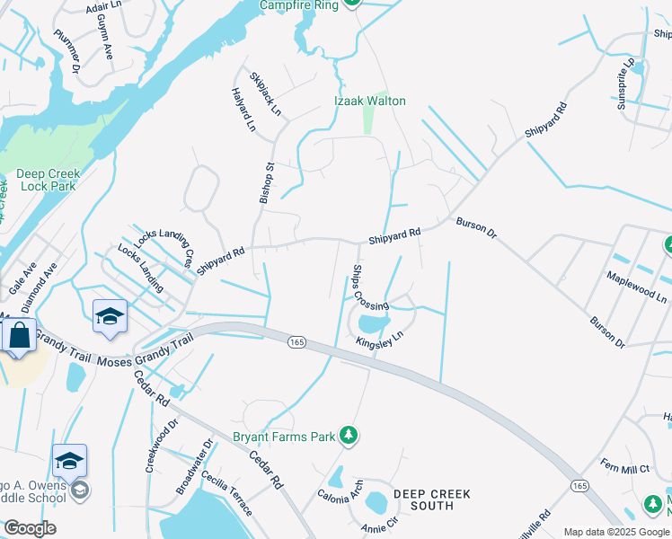 map of restaurants, bars, coffee shops, grocery stores, and more near 2205 Wallace Lane in Chesapeake
