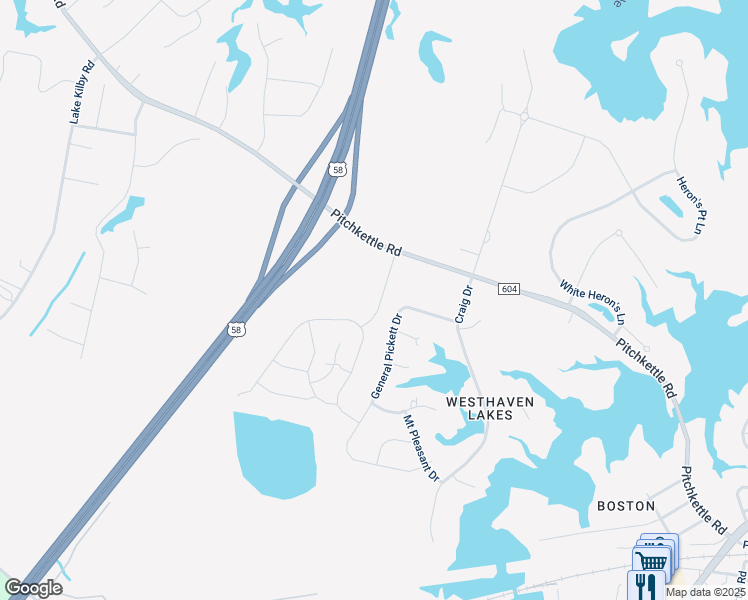 map of restaurants, bars, coffee shops, grocery stores, and more near 204 Foxfield Parkway in Suffolk