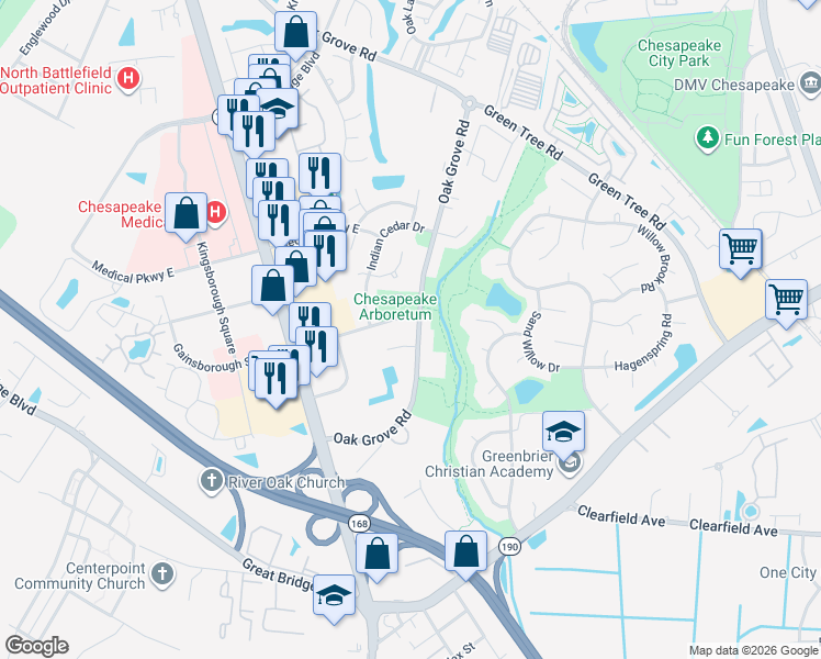 map of restaurants, bars, coffee shops, grocery stores, and more near 221 Gainsborough Square East in Chesapeake