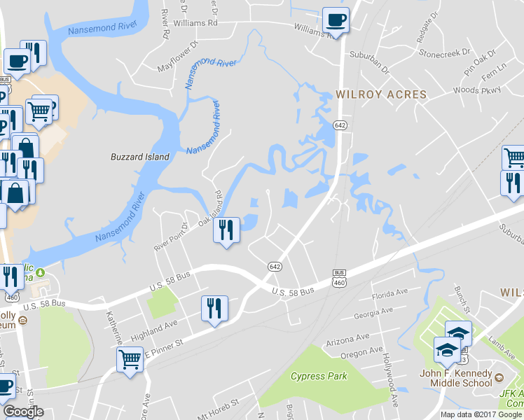 map of restaurants, bars, coffee shops, grocery stores, and more near 921 Macarthur Drive in Suffolk