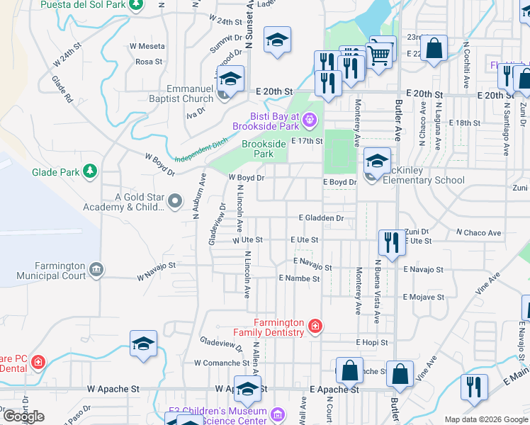 map of restaurants, bars, coffee shops, grocery stores, and more near 112 West Gladden Drive in Farmington