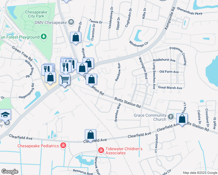 map of restaurants, bars, coffee shops, grocery stores, and more near 516 Ruby Court in Chesapeake