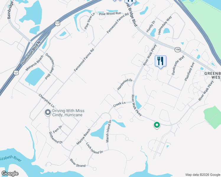 map of restaurants, bars, coffee shops, grocery stores, and more near 717 Bulrush Court in Chesapeake