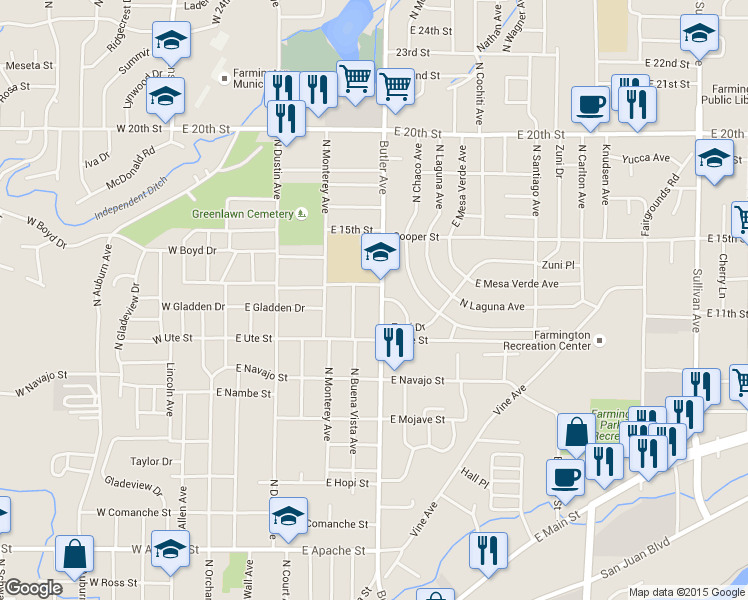 map of restaurants, bars, coffee shops, grocery stores, and more near 1115 North Butler Avenue in Farmington