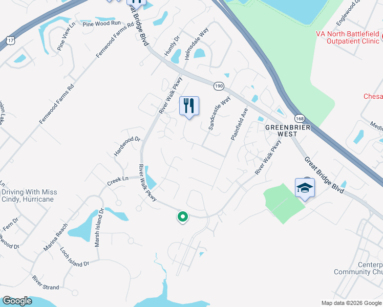 map of restaurants, bars, coffee shops, grocery stores, and more near 501 Sandcastle Court in Chesapeake