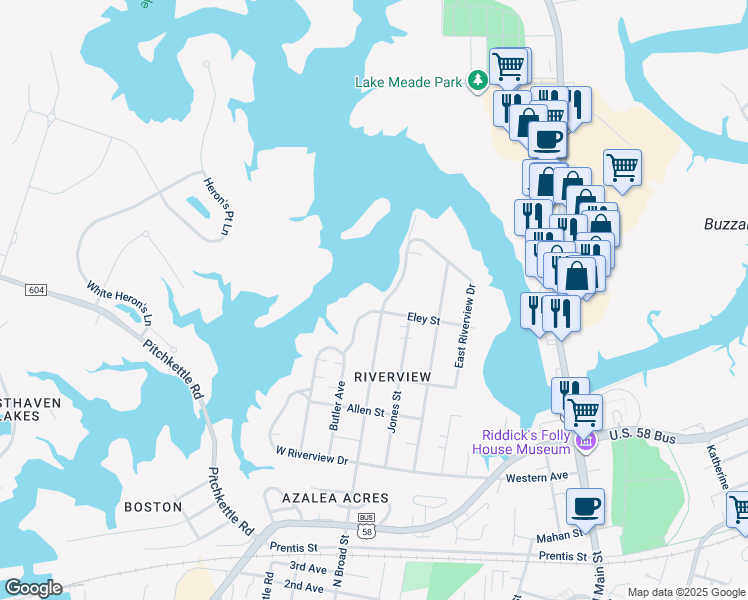 map of restaurants, bars, coffee shops, grocery stores, and more near 805 West Riverview Drive in Suffolk