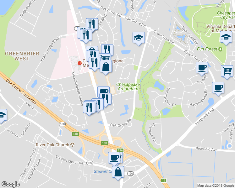 map of restaurants, bars, coffee shops, grocery stores, and more near 142 Gainsborough Square East in Chesapeake