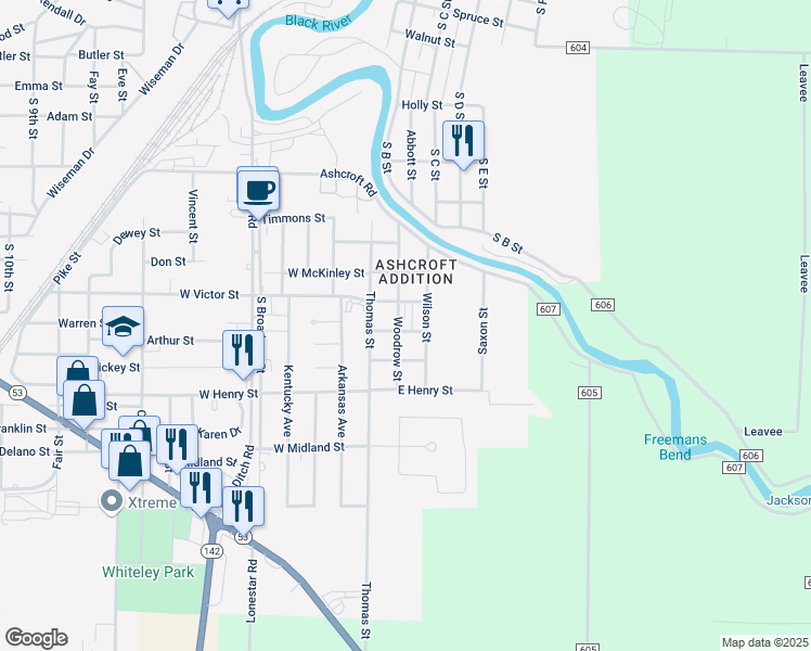 map of restaurants, bars, coffee shops, grocery stores, and more near 1720 Woodrow Street in Poplar Bluff