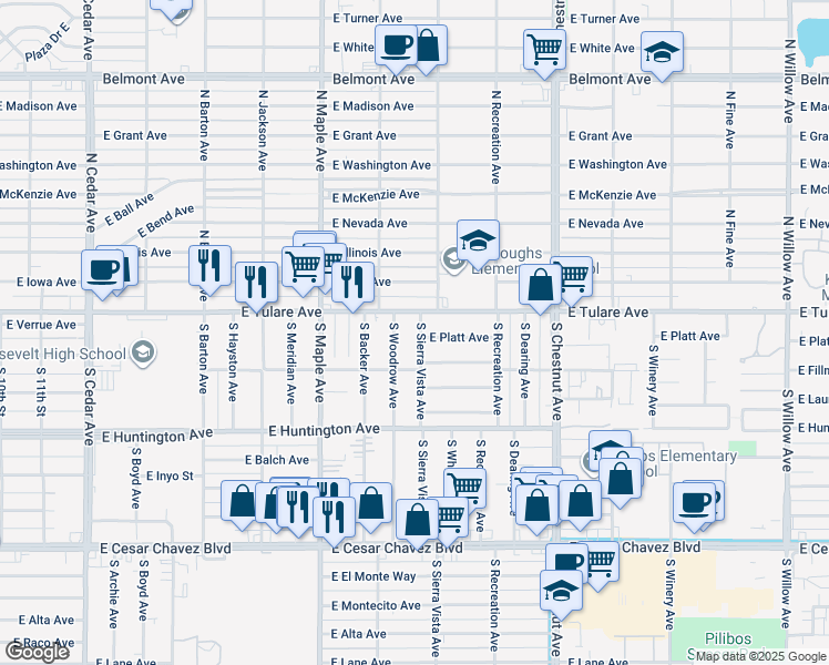 map of restaurants, bars, coffee shops, grocery stores, and more near 132 South Sierra Vista Avenue in Fresno
