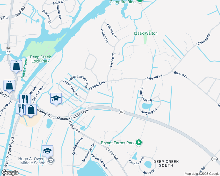 map of restaurants, bars, coffee shops, grocery stores, and more near 109 Bishops Court in Chesapeake