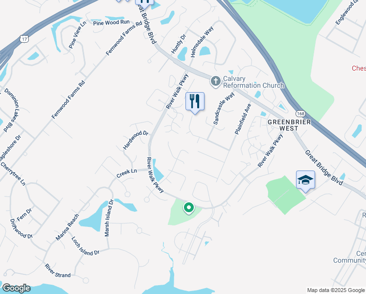 map of restaurants, bars, coffee shops, grocery stores, and more near 442 Honey Locust Way in Chesapeake