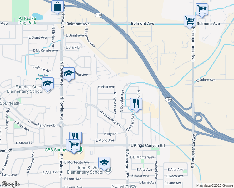 map of restaurants, bars, coffee shops, grocery stores, and more near 344 North Cypress Avenue in Fresno