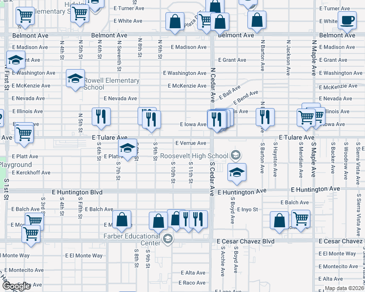 map of restaurants, bars, coffee shops, grocery stores, and more near 4034 East Verrue Avenue in Fresno
