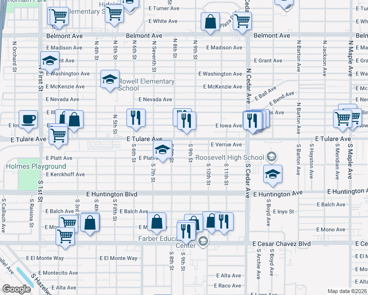 map of restaurants, bars, coffee shops, grocery stores, and more near 3846 East Verrue Avenue in Fresno