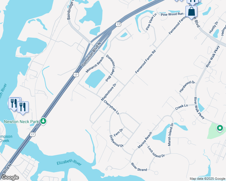map of restaurants, bars, coffee shops, grocery stores, and more near 421 Mapleshore Drive in Chesapeake