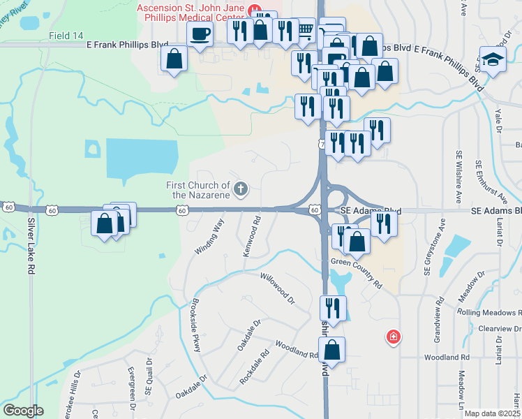 map of restaurants, bars, coffee shops, grocery stores, and more near Southeast Adams Boulevard in Bartlesville