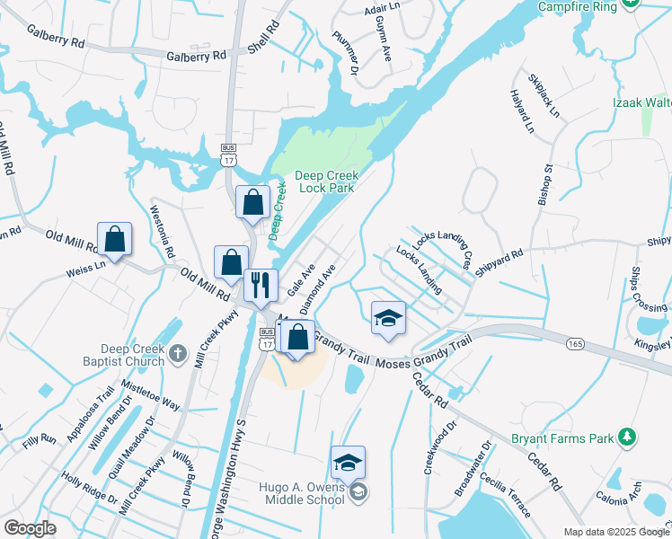 map of restaurants, bars, coffee shops, grocery stores, and more near 212 Diamond Avenue in Chesapeake