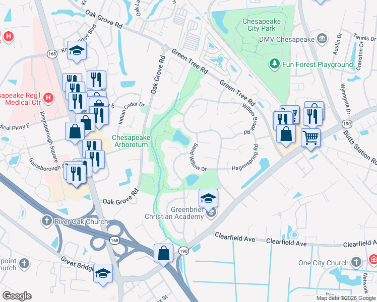 map of restaurants, bars, coffee shops, grocery stores, and more near 640 Shadow Brooke Drive in Chesapeake