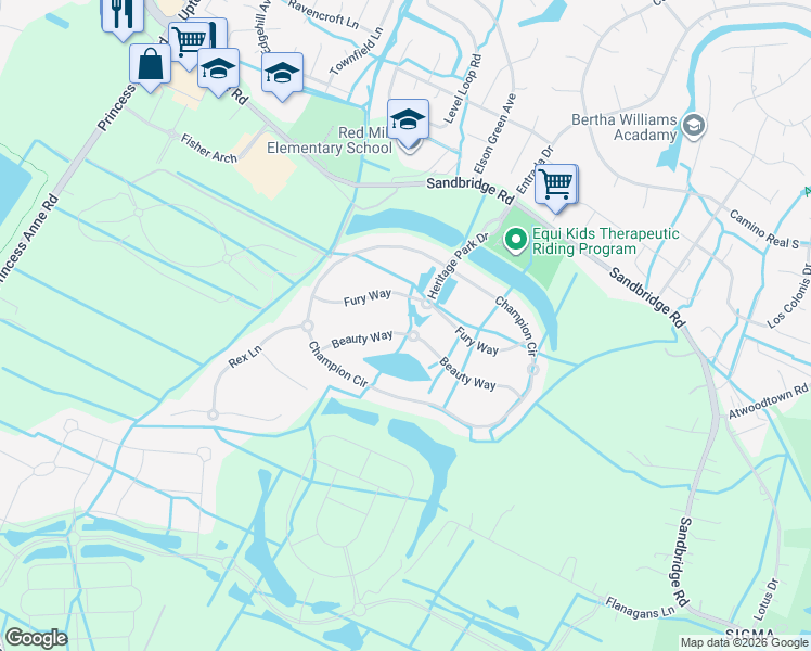 map of restaurants, bars, coffee shops, grocery stores, and more near 1804 Beauty Way in Virginia Beach