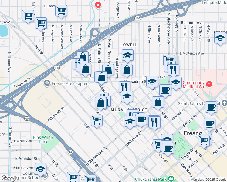 map of restaurants, bars, coffee shops, grocery stores, and more near in Fresno