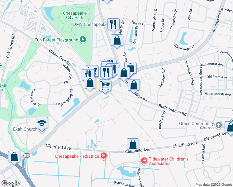 map of restaurants, bars, coffee shops, grocery stores, and more near 809 Old Butts Station Road in Chesapeake