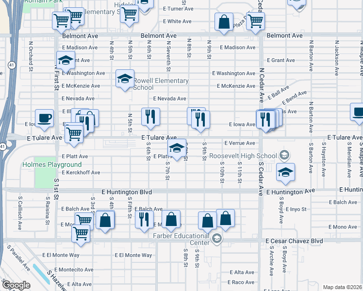 map of restaurants, bars, coffee shops, grocery stores, and more near 3754 East Verrue Avenue in Fresno