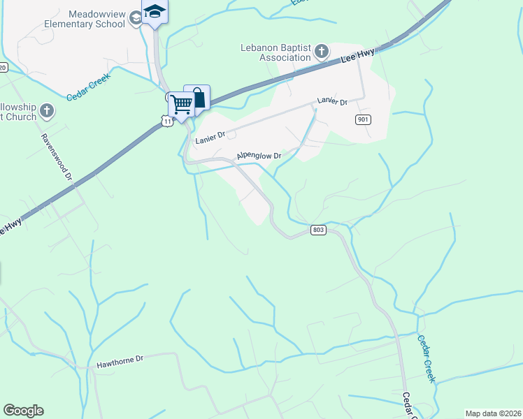 map of restaurants, bars, coffee shops, grocery stores, and more near 14472 Cedar Creek Road in Meadowview