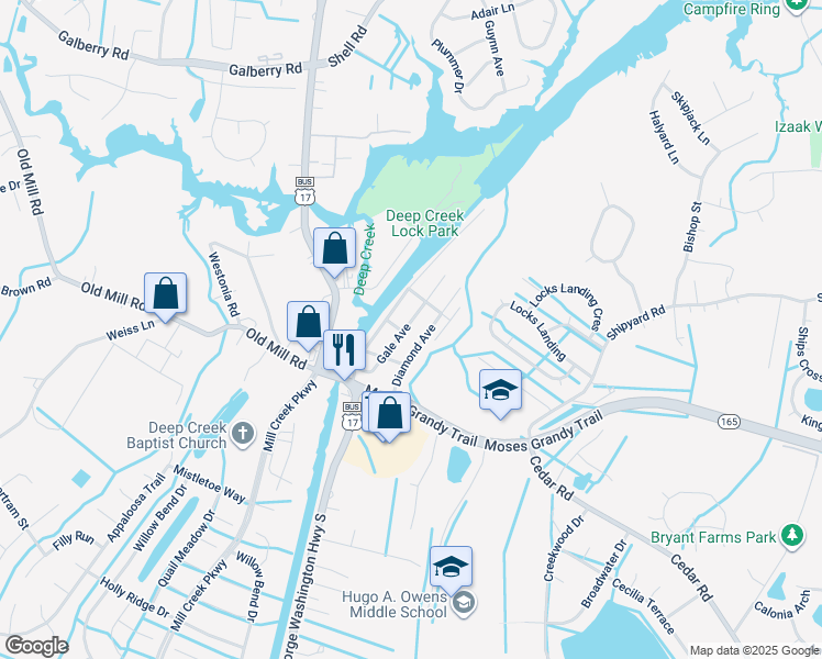 map of restaurants, bars, coffee shops, grocery stores, and more near 202 Gale Avenue in Chesapeake