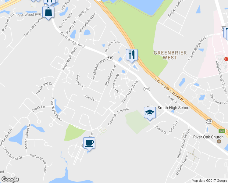 map of restaurants, bars, coffee shops, grocery stores, and more near 1018 Primrose Lane in Chesapeake
