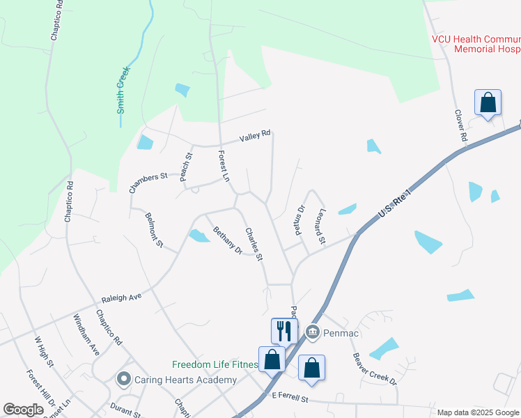 map of restaurants, bars, coffee shops, grocery stores, and more near 405 Forest Lane in South Hill