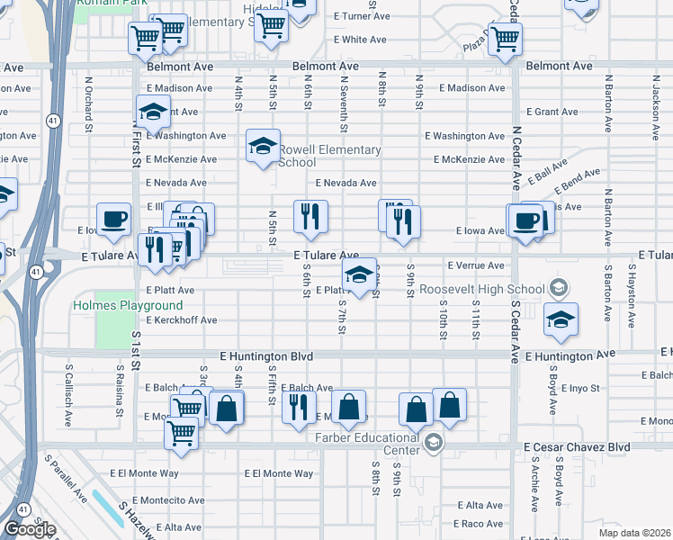 map of restaurants, bars, coffee shops, grocery stores, and more near 3662 East Verrue Avenue in Fresno