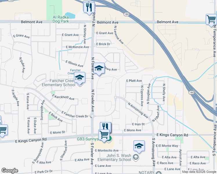 map of restaurants, bars, coffee shops, grocery stores, and more near 333 North Burgan Avenue in Fresno