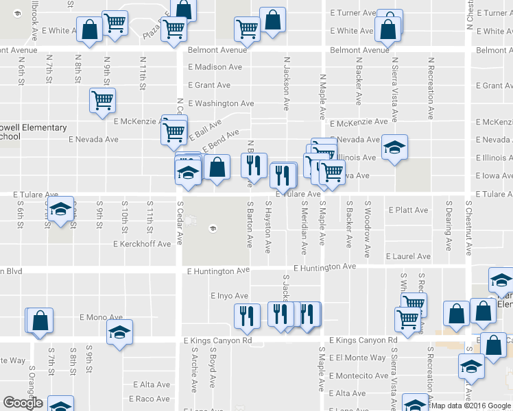 map of restaurants, bars, coffee shops, grocery stores, and more near 127 South Barton Avenue in Fresno