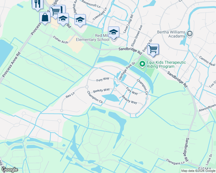 map of restaurants, bars, coffee shops, grocery stores, and more near 1820 Beauty Way in Virginia Beach