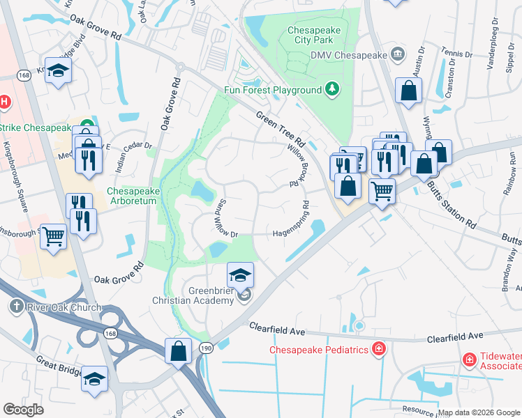 map of restaurants, bars, coffee shops, grocery stores, and more near 609 Hidden Falls Lane in Chesapeake