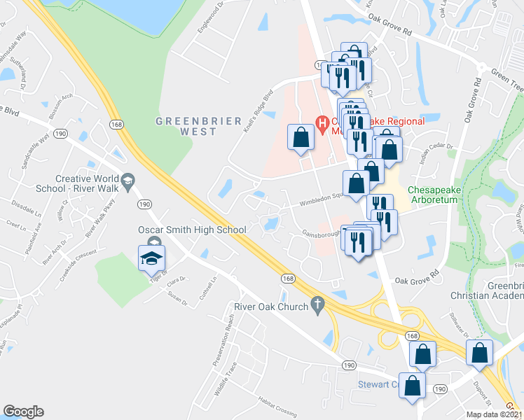 map of restaurants, bars, coffee shops, grocery stores, and more near 400 Henley Court in Chesapeake