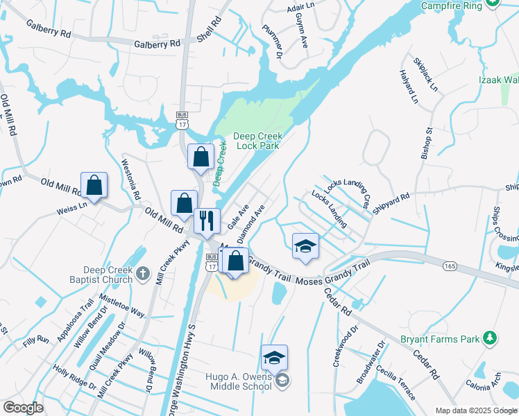 map of restaurants, bars, coffee shops, grocery stores, and more near 211 Diamond Avenue in Chesapeake