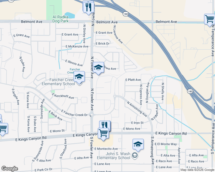 map of restaurants, bars, coffee shops, grocery stores, and more near 333 North Burgan Avenue in Fresno