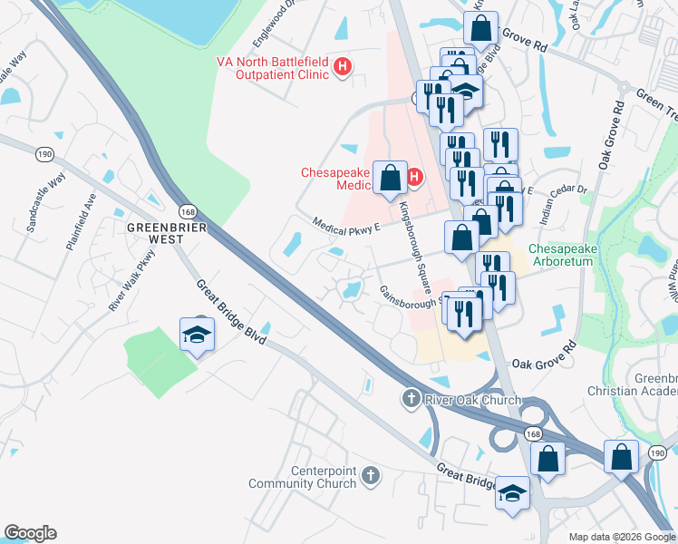 map of restaurants, bars, coffee shops, grocery stores, and more near 400 Henley Court in Chesapeake