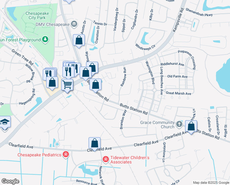 map of restaurants, bars, coffee shops, grocery stores, and more near 516 Ruby Court in Chesapeake