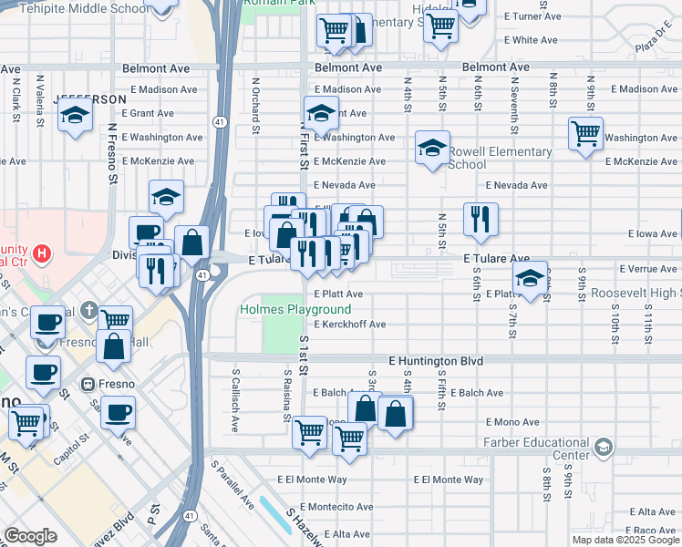 map of restaurants, bars, coffee shops, grocery stores, and more near 3220 East Tulare Avenue in Fresno
