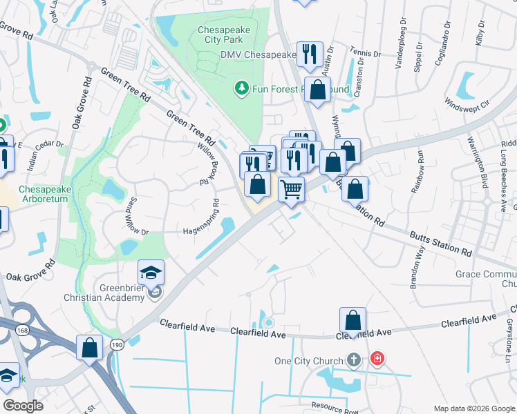 map of restaurants, bars, coffee shops, grocery stores, and more near 471 Kempsville Road in Chesapeake